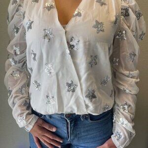 BuddyLove Womens Sequin Star Top White Puffy Long Sleeve Fashion‎ Elegant outfit
